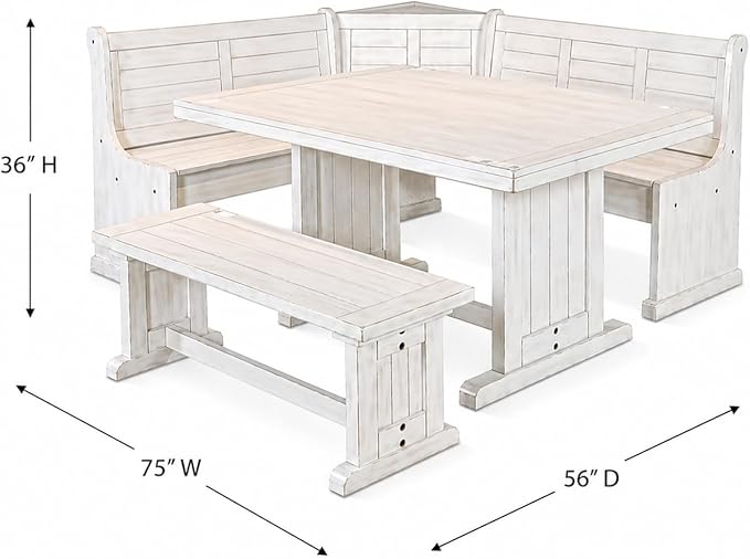 Pemberly Row 75" x 56" Farmhouse Wood Breakfast Nook Set with Table, Storage, Reversable Benche, L-Shaped Corner Bench, for Dining Room, in Marble White Finish