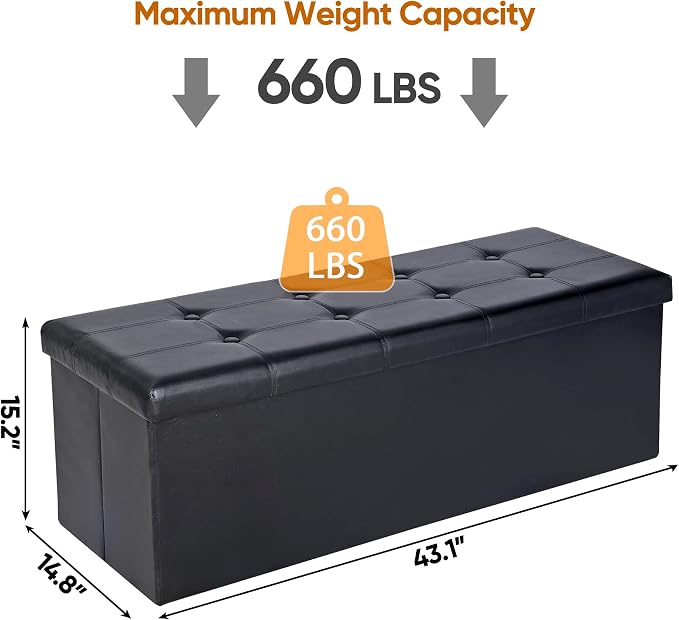 ZenStyle 43Inches Folding Storage Ottoman Bench, Faux Leather Footrest with Foam Padded Seat, Storage Chest Long Shoes Bench for Living Room, Entryway, Bedroom, Holds up to 660 lbs (Black)