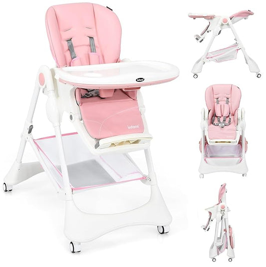 INFANS High Chair with One-Hand Removable Tray, 4 Lockable Wheels & Large Storage Basket - Multi-Adjustable Height, Recline & Footrest, Removable Cushion, Foldable for Baby, Infant Toddler