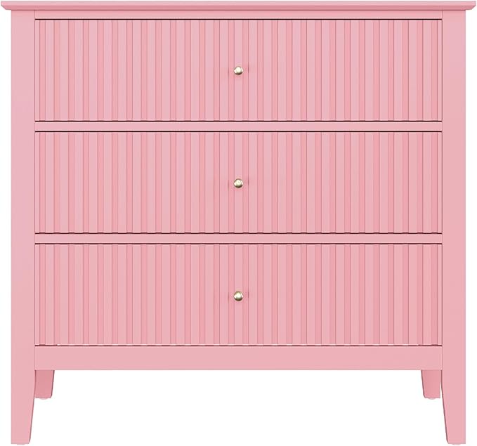 RoyalCraft 32" Large Nightstand Set of 2, Fluted Painted Bedside Table with 3 Spacious Drawers, Modern Tall End Table for Bedroom, Pink