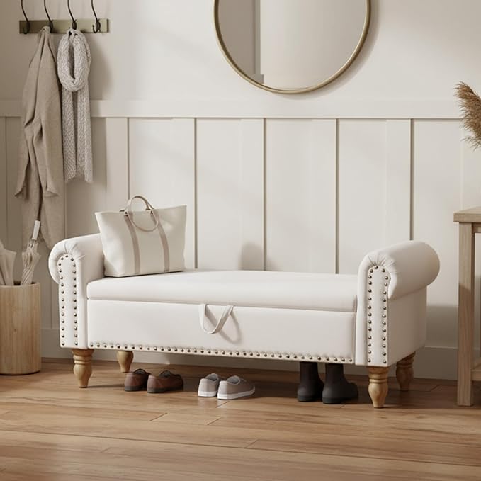 51.5" Bench for Bedroom End of Bed Storage Bench, Upholstered Linen Storage Ottoman with Rolled Arms for Bedroom, Living Room, Entryway, Beige