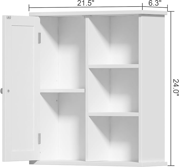 Treocho Bathroom Wall Cabinet, Medicine Cabinet with Door and 3 Open Shelves, Wall Mounted Storage Organizer for Bathroom, Kitchen, Living Room, White