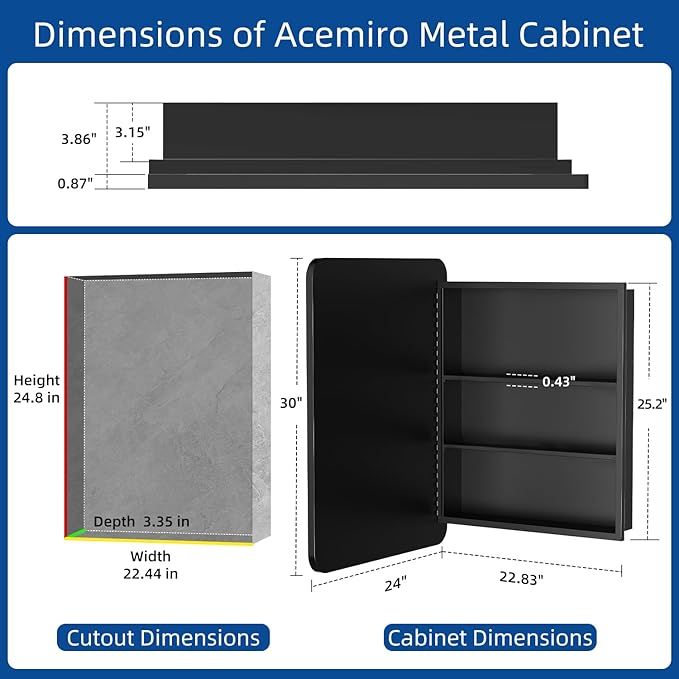 ACEMIRO 24x30 Inch Bathroom Medicine Cabinet with Mirror Black Metal Framed Farmhouse Recessed or Surface Wall Mounted Black Medicine Cabinets for Bathroom