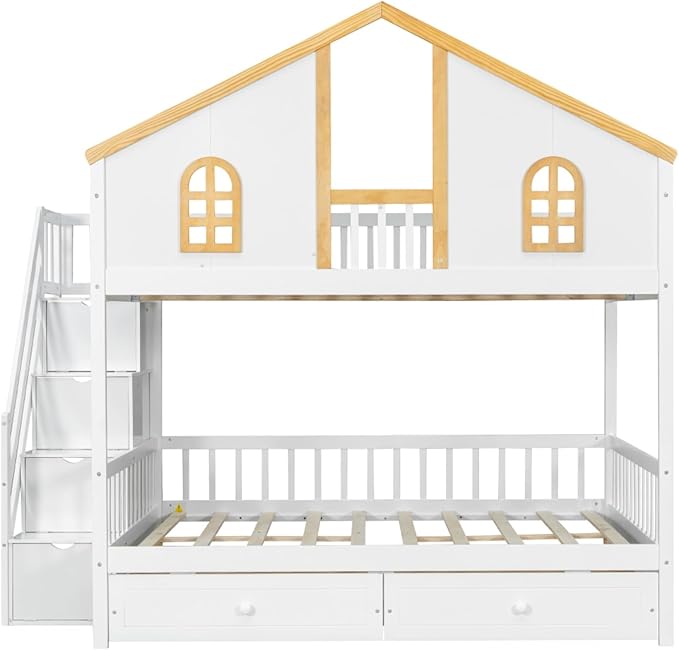 Full Over Full Bunk Bed with Trundle and Storage Stairs, House Triple Bunk Castle Bed with Roof and Windows, Bookshelf, Space Saving for Kids, Boys, Girls, Adults, White