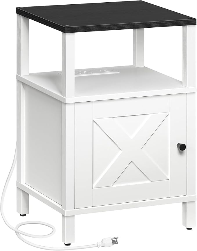 MAHANCRIS Farmhouse Nightstand with Charging Station, White Bedside Table with USB & Type-C Ports, Black End Table with Storage and Open Shelf, Modern Side Table for Bedroom, ETBW96E01