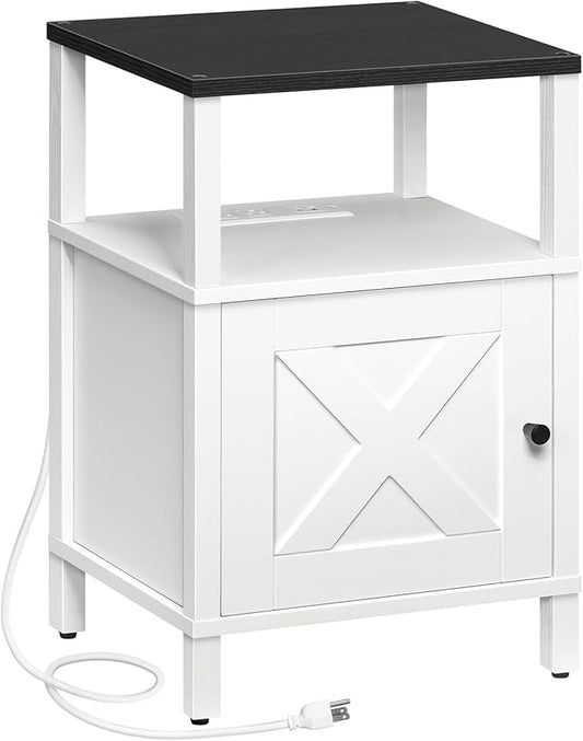 MAHANCRIS Farmhouse Nightstand with Charging Station, White Bedside Table with USB & Type-C Ports, Black End Table with Storage and Open Shelf, Modern Side Table for Bedroom, ETBW96E01