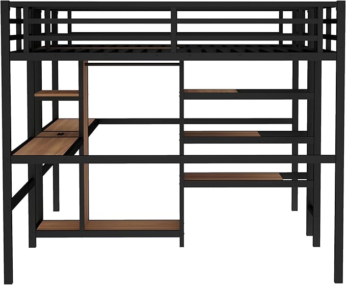 Harper & Bright Designs Twin Over Twin Loft Bed with Desk and Shelves, Metal Loft Bed with Wardrobe and Charging Station for Kids Teens, Space Saving, Noise Reduction, Black+Nature