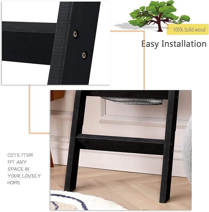 FUIN 5ft (58") Wood Blanket Ladder Living Room Decorative Wall Leaning Farmhouse Quilt Display Holder Storage Rustic Wooden Towel Rack for Bathroom, Black