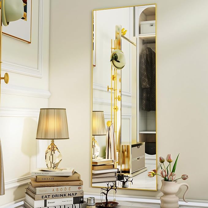 VooBang Mirror Full Length, 21" x 64" Floor Mirror with Stand, Aluminum Alloy Frame Full Body Mirror, Standing Hanging or Leaning Against Wall for Bedroom and Living Room, Gold