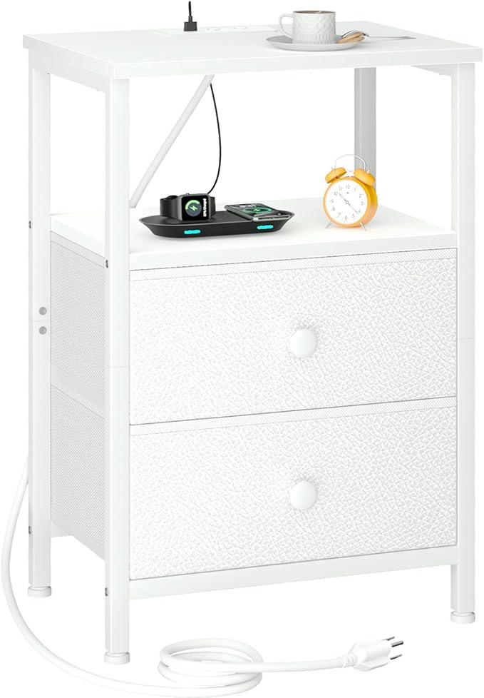 LOAKEKEL Night Stand, Nightstand with Charging Station, Slim Industrial Bedside Table with 2 Fabric Drawers, Small End Table with USB & Type-C Ports for Bedroom, White, HETS020WT-1