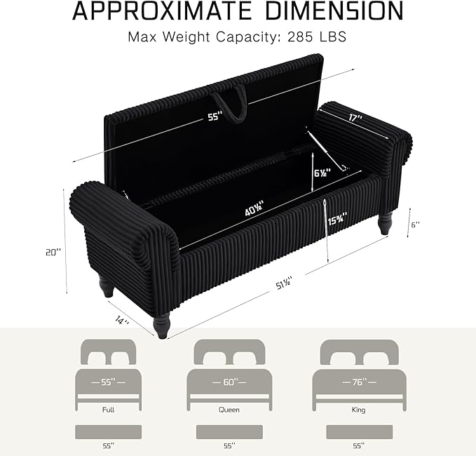 Storage Bedroom Bench for End of Bed, Storage Ottoman with Rolled Arms for Bedroom, Living Room, Entryway (Black)