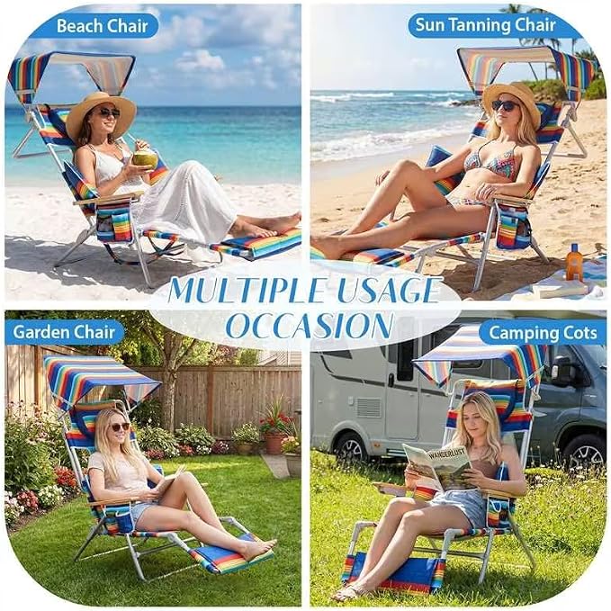 5-Positon Backpack Beach Chair, Portable Folding Tanning Chair, Double Shoulder Straps Beach Lounge Chair with Footrest, Face Hole, Towel Bar (Red Blue, 60.6" (Set of 2))