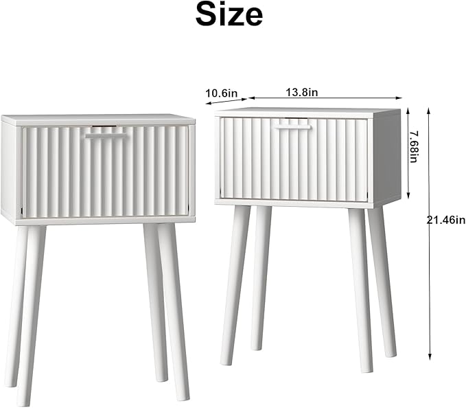 LAATOOREE Nightstands Set of 2, Small Side Table, Bedside Table with Fluted Door, Solid Wood Feet; Modern Mid-Century End Table for Bedroom, Small Space (White)