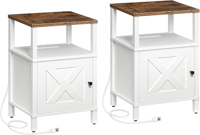 MAHANCRIS Set of 2 Farmhouse Nightstand with Charging Station, White Night Stand End Table with USB Ports, Bedside Table with Storage Cabinet, Modern Side Table for Bedroom, Rustic Brown ETRW96E01S2