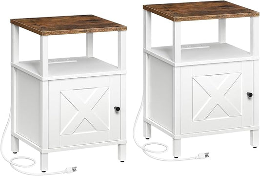 MAHANCRIS Set of 2 Farmhouse Nightstand with Charging Station, White Night Stand End Table with USB Ports, Bedside Table with Storage Cabinet, Modern Side Table for Bedroom, Rustic Brown ETRW96E01S2