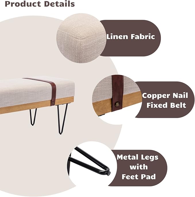 HEAH-YO Industrial Entryway Bench Set of 1, 44 Inches End of Bench with Padded Seat Cushion, Uphlstered Linen Fabric Dining Bench for Kitchen Living Room, Beige