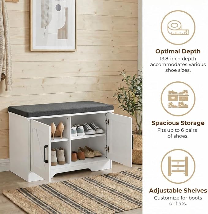 HOMSHO 2-Tier Storage Bench, 27.6" Wide Shoe Bench with Padded Seat Cushion, Entryway Bench with 2 Barn Doors and Adjustable Shelf, White