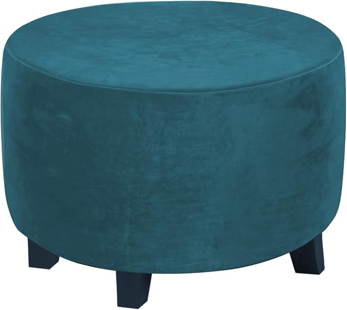 H.VERSAILTEX Round Ottoman Slipcover Ottoman Covers Slipcover Footstool Protector Covers Storage Stool Ottoman Covers Stretch with Elastic Bottom, Feature Real Velvet Plush Fabric (X-Large, Deep Teal)