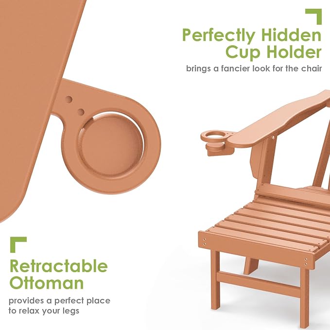 GREENVINES Adirondack-Chairs-with-Ottoman | Set of 4 | Folding | Retractable-Footrest | HDPE Plastic | All Weather Fire Pit Chair | Cup Holders | Teak | for Outdoor Poolside