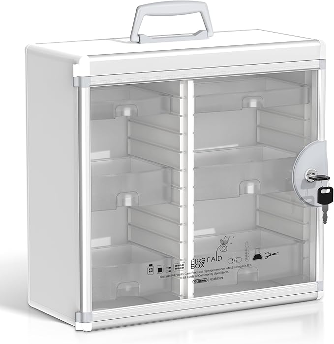 Glosen Lockable Medicine Cabinet with 6 Removable Trays, Wall Mounted & Portable Locking Medicine Cabinet Organizer with Key Lock for Home, Bathroom, Office - Aluminum Frame(15.63 * 6.5 * 15.43Inch)