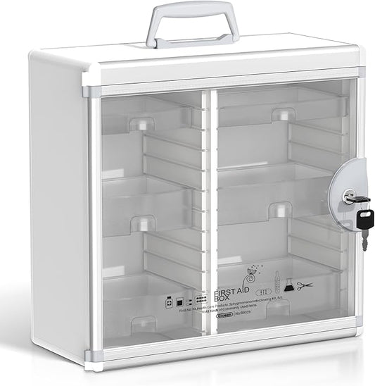Glosen Lockable Medicine Cabinet with 6 Removable Trays, Wall Mounted & Portable Locking Medicine Cabinet Organizer with Key Lock for Home, Bathroom, Office - Aluminum Frame(15.63 * 6.5 * 15.43Inch)