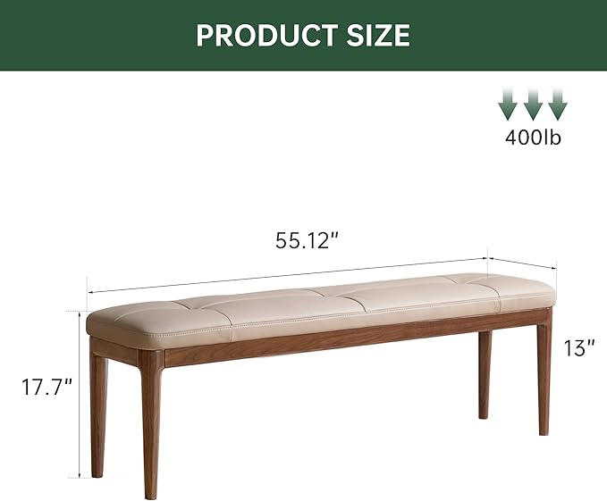 55.1'' Black Walnut Tufted Leather Dining Bench, Bedroom End of Bed Leather Upholstered Bench for Entryway with 100% Solid Black Walnut Leg Frame