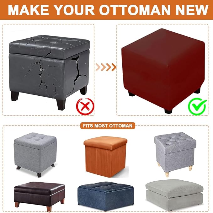 Waterproof Ottoman Cover Square Stretch PU Soft Folding Storage Ottoman Cover with Elastic Bottom Cube Footrest Foot Stool Slipcovers Machine Washable(Small/Wine red)
