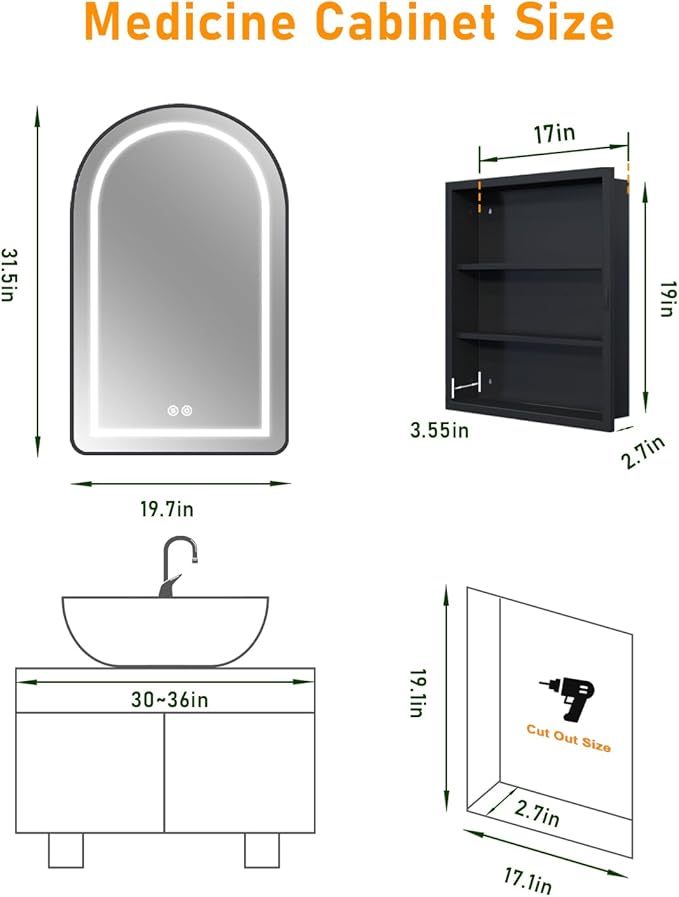 19.7"x31.5" Lighted Medicine Cabinet with Mirror, Arched Bathroom Mirror with Lights and Storage, Memory and Dimmable 3 Color, Anti-Fog, Full Metal Recessed & Surface Mount LED Medicine Cabinets Black