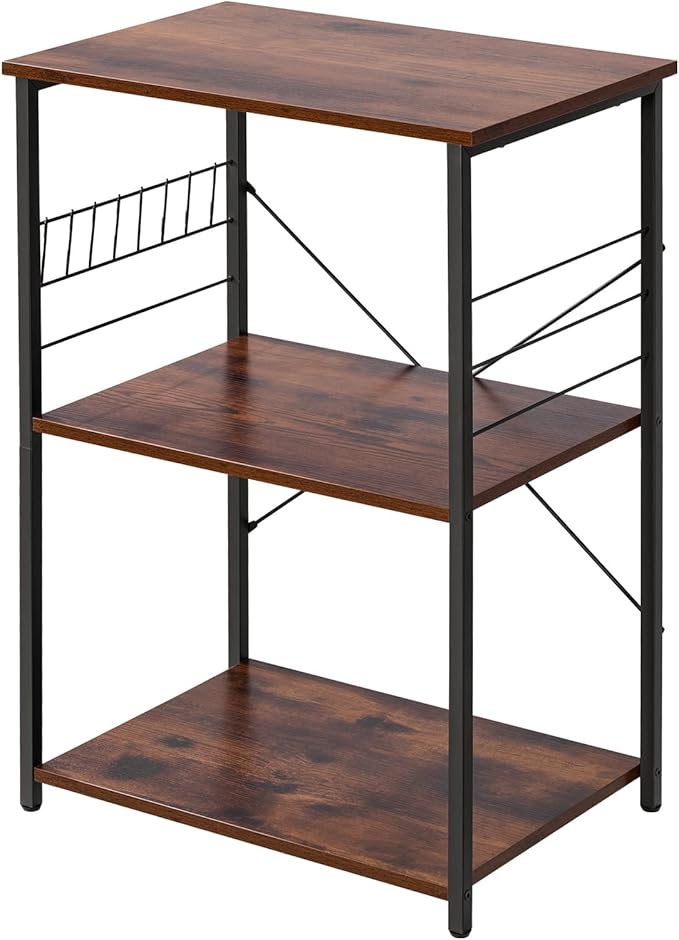 VEVOR Kitchen Utility Cart, 3 Tier 23.7 in Microwave Stand Coffee Cart, Heavy Duty Storage Rack, Service Trolley on Wheels, Industrial Rolling Work Table with 8 Hooks, for Mini Oven, Toaster, Vintage