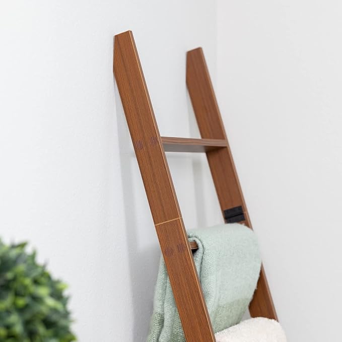 Blanket Ladder for Living Room and Bedroom, 5ft 8 inch, 6-Tier Wall Leaning Laminate No-Snag Construction (Brown) Rustic Decorative Farmhouse Blanket Storage, Quilt Rack, Ladder Shelf, Easy Assembly