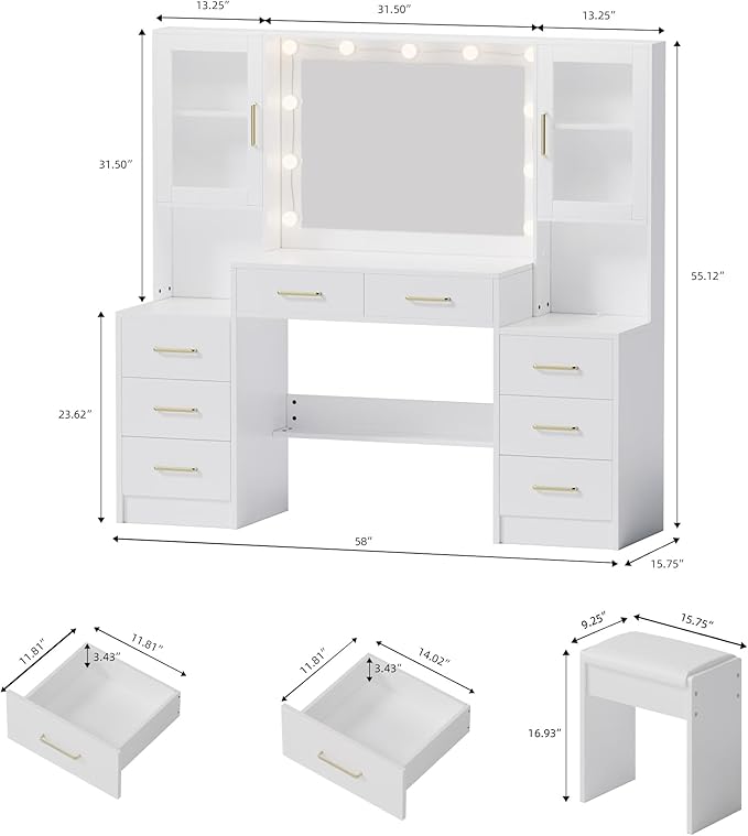 TOKSOM White Vanity Desk with Mirror, Lights & Charging Station, 58" 3 Lighting Modes Makeup Desk with 8 Drawers, 2 Cabinets and Lots Storage, Dressing Table Vanity Set with Lighted Mirror