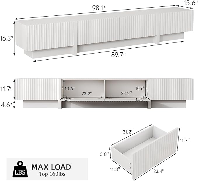 98” TV Stand for Living Room, Modern Entertainment Center with Drawers & Storage Compartments, Large TV Console Fits 55”-95” TVs, Square Top with Grooved Drawer Fronts & Stable Base,White