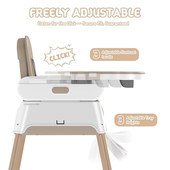 4 in 1 Baby High Chair for Babies and Toddlers, Foldable & Portable Convertible Booster Seat, Adjustable Tray & Footrest, Lightweight, Stable, Easy to Clean, Khaki