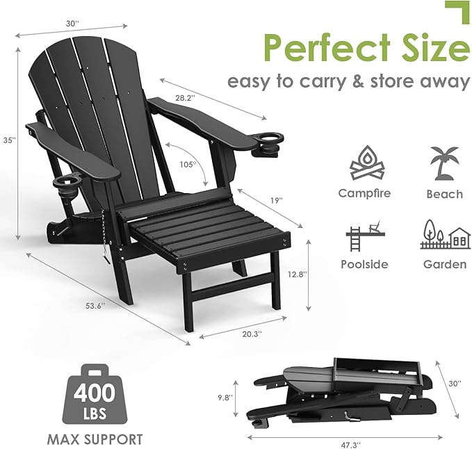 GREENVINES Adirondack-Chairs-with-Ottoman | Set of 2 | Folding | Retractable-Footrest | HDPE Plastic | All Weather Fire Pit Chair | Cup Holders | Black | for Outdoor Poolside