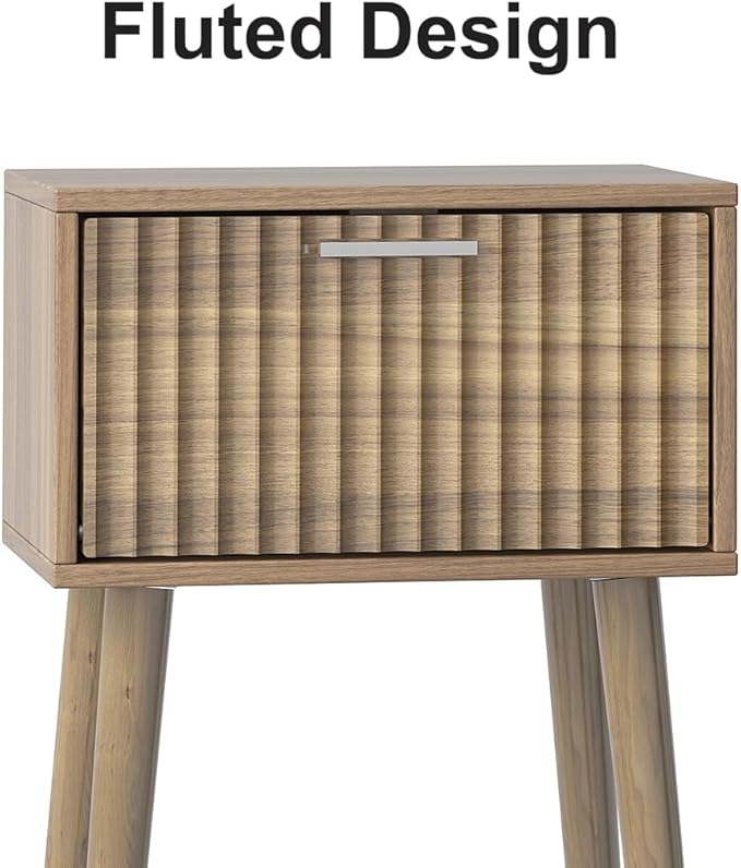 LAATOOREE Nightstands Set of 2, Small Size Side End Table, Bedside Table with Fluted Door, Solid Wood Feet; for Bedroom, Small Bed