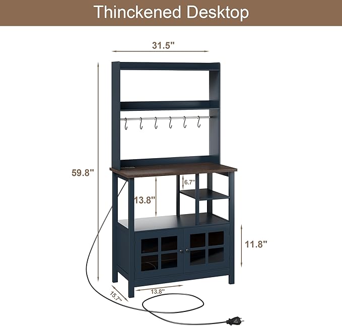 ChooChoo Farmhouse Coffee Bar Cabinet with Storage, Bakers Rack with Power Outlets, Microwave Stand Kitchen Cabinet with Hutch and 6 Hooks, Blue
