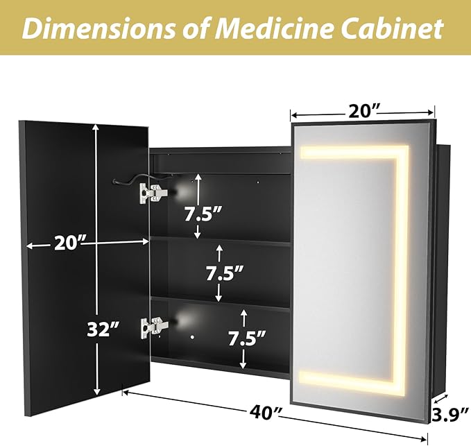 APRILSOUL 40x32 Inch Lighted Bathroom Medicine Cabinet with Mirror, Black Recessed or Surface Mount Medicine Cabinet Mirror with Storage and LED Lights, 3 Colors Temperature, Dimmable Light