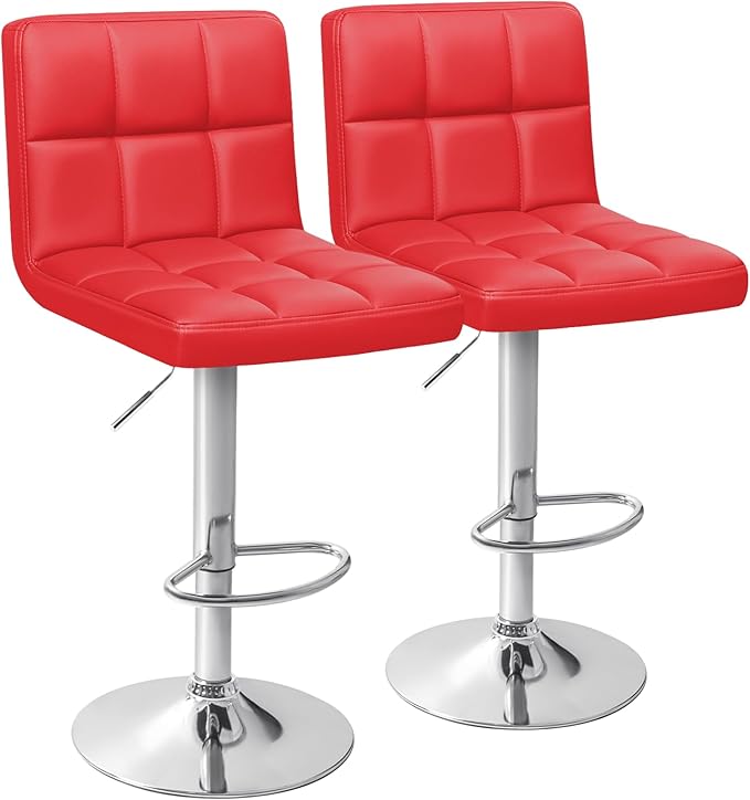 Homall Bar Stools Modern PU Leather Adjustable Swivel Barstools, Armless Hydraulic Kitchen Counter Bar Stool Extra Height Square Island Barstool with Back Set of 2 (Leather, Red)