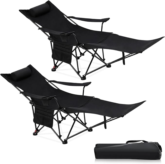 Karenhi 2 Pcs 2-in-1 Reclining Camping Chair with Removable Footrest Folding Recliner Camping Portable Beach Lounge Chair Oxford Fabric Reclining Design with Pillow Pockets Carry Bag