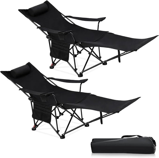 Karenhi 2 Pcs 2-in-1 Reclining Camping Chair with Removable Footrest Folding Recliner Camping Portable Beach Lounge Chair Oxford Fabric Reclining Design with Pillow Pockets Carry Bag