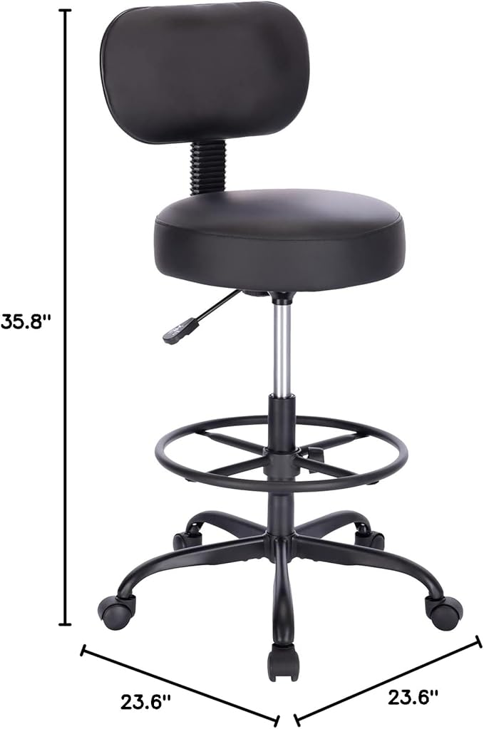 SUPERJARE Drafting Chair with Back, Adjustable Foot Rest Rolling Stool, Multi-Purpose Office Desk Chair, Thick Seat Cushion for Home Bar Kitchen Shop - All Black