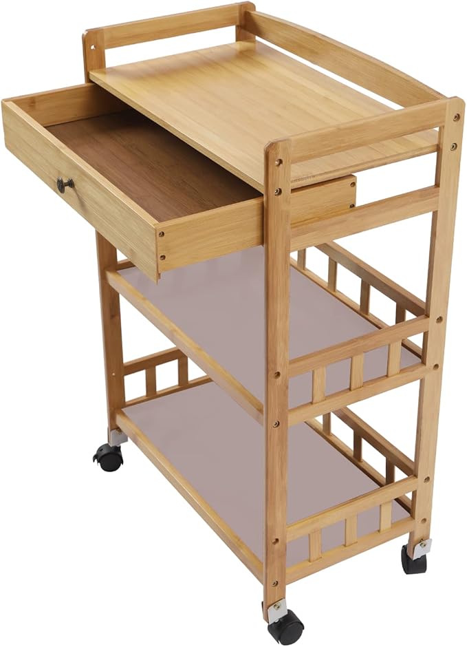 Bamboo Home Kitchen Island Trolley with Storage Drawer Stand 3 Tiers Shelves Cart Mobile Kitchen Utility Cart Storage Shelf Rack for Dining Room