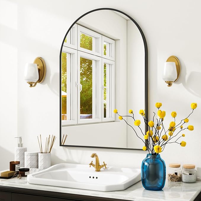 VooBang Arched Wall Mirror, 20 x 30 inch Arch Bathroom Mirror, Wall Mounted Vanity Mirror with Arch Metal Frame, Modern Bathroom Vanity Mirror for Bedroom, Living Room, Hanging or Leaning, Black