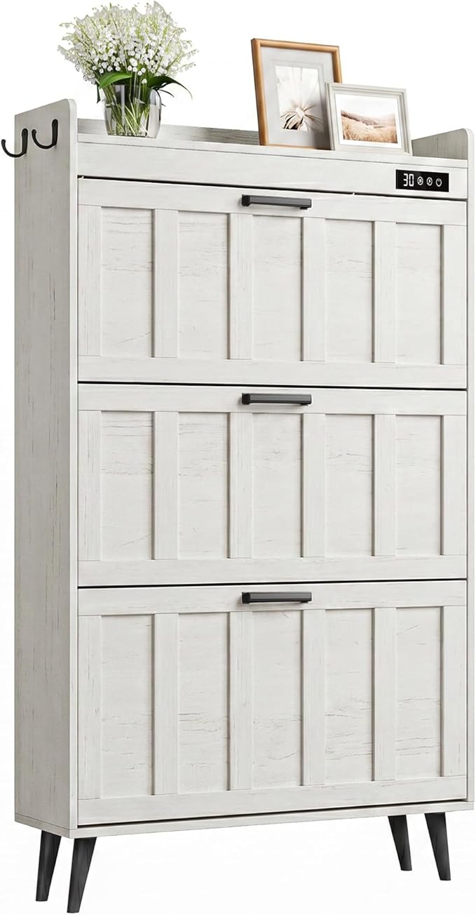 ChooChoo Shoe Storage Cabinet with 3 Flip Drawers, Deodorizing Shoe Organizer Storage for Entryway, Freestanding Hidden Slim Narrow Shoe Rack Cabinet, Antique White