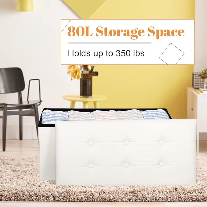 ZenStyle 30Inches Storage Ottoman Bench, Folding Footrest Stool, Storage Chest Long Shoes Bench with Foam Padded Seat, Holds up to 350 lbs, for Living Room, Entryway, Bedroom(White, 30 inches)