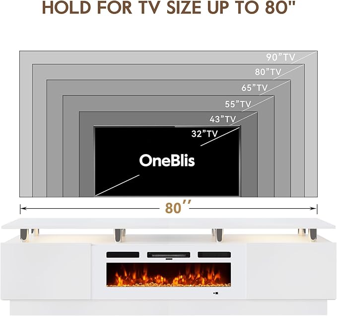 80" Entertainment Center & TV Stand, Modern Media Console with Storage Cabinet, Fits TVs up to 90", Living Room Furniture, 36" Electric Fireplace (All White)