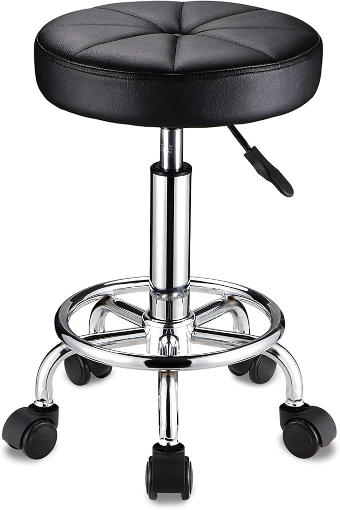 HMTOT Round Rolling Stool with Wheels Height Adjustable Swivel Stool Chair for Spa Salon Massage Black