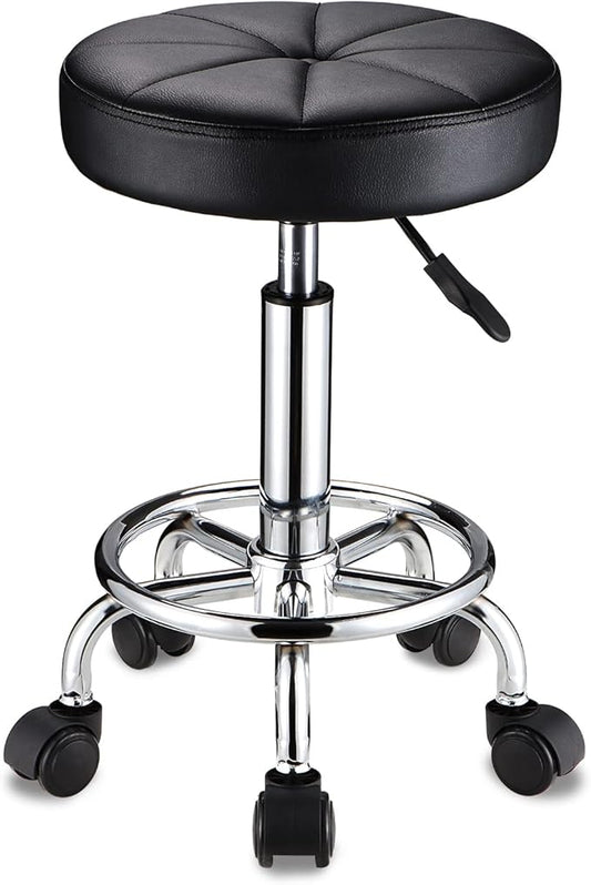 HMTOT Round Rolling Stool with Wheels Height Adjustable Swivel Stool Chair for Spa Salon Massage Black