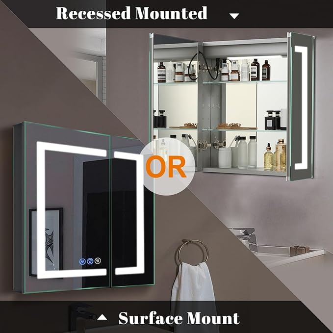 Lighted Medicine Cabinet with Mirror Outlet,30 X 26 Inch,Recessed Or Surface-Mounted Led Medicine Cabinet Mirror for Bathroom Storage,Interior Light, Double Door,Defog,Stepless Dimming