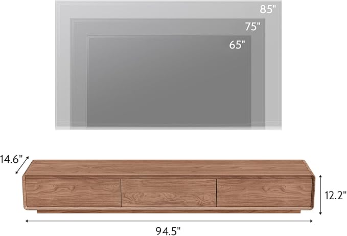Wood Base TV Stand, Mid-Century Modern Media Console with 3 Storage Drawers, Fits 65–100 Inch TVs, Low Profile Entertainment Center for Living Room(Walnut, 94.49", Floor Standing (Wood Base))